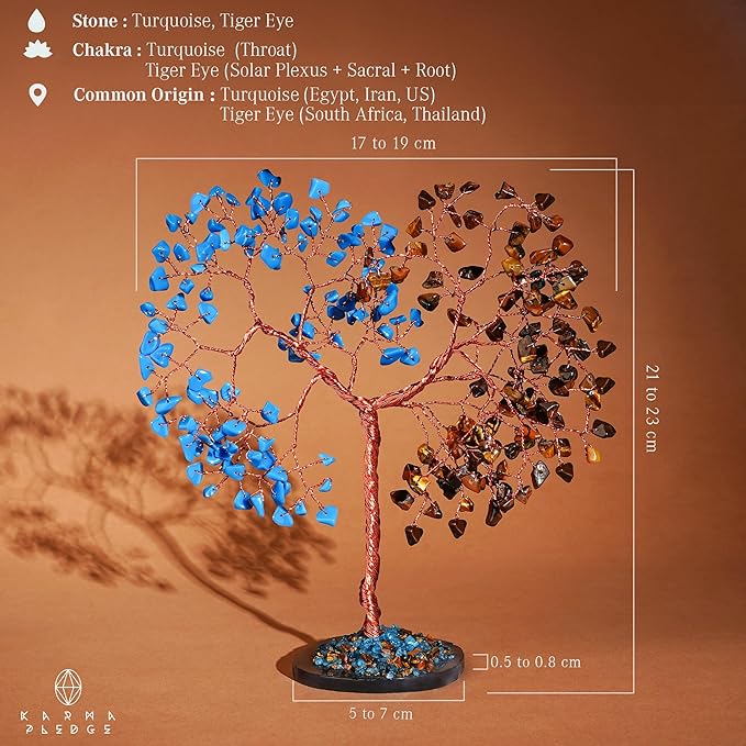 Handmade Healing Crystal Tree of Life Pink Tiger Eye and Turquoise Chakra Tree for Money, Good Luck, Feng Shui Home Decor, Living Room Office Deocration, Unique Birthday Gifts for Women, Men, Mom