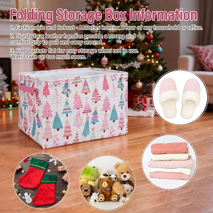 FYSUIMU 2 Pcs Christmas Storage Basket Pink Green Xmas Tree Storage Bins with Handles Rectangle Foldable Container Box for Home Office Nursery Laundry Shelf Closet Toy