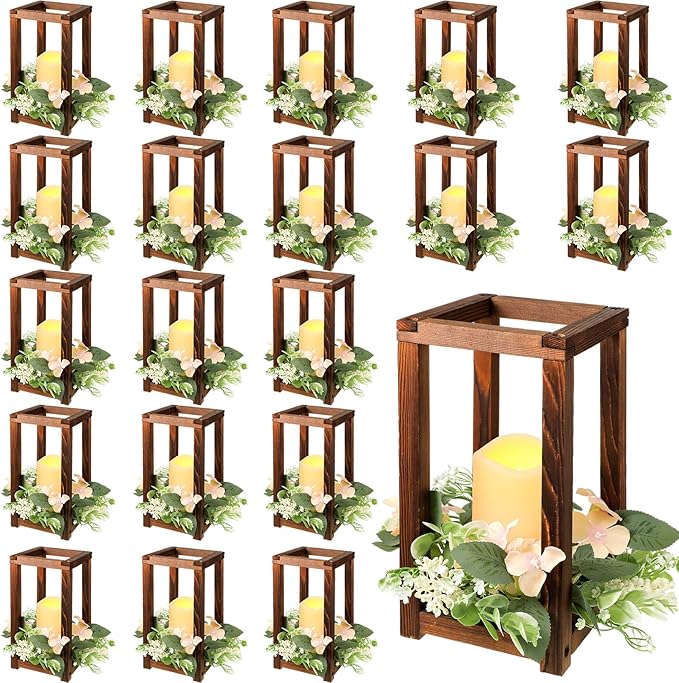 Hushee 60 Pcs Wooden Wedding Lantern Centerpiece Integrated Holders with Candles and Wreaths Rustic Wooden Candle Lantern Decor for Wedding Party Table Valentine Decor (Brown)