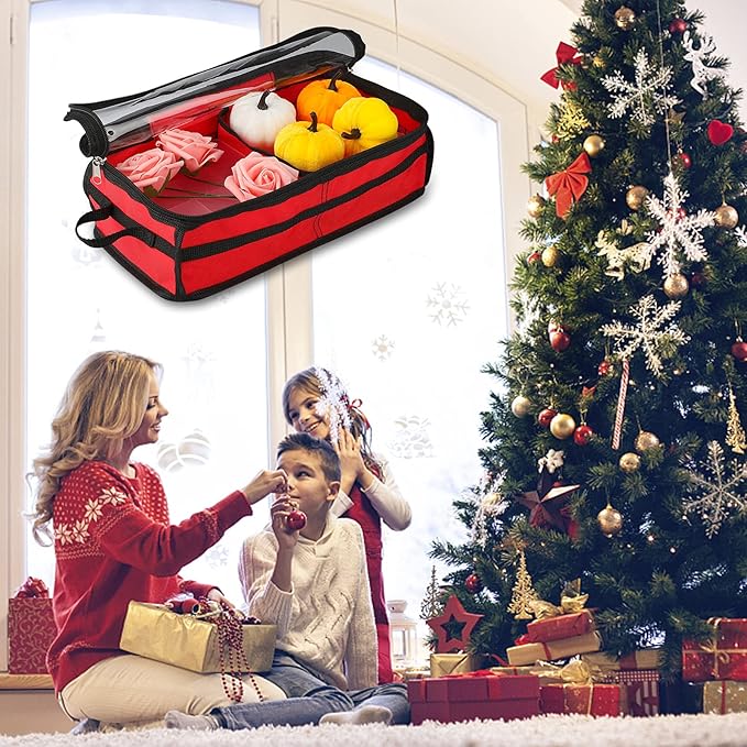 Ornament Storage Box Under Bed 64 Cell Partition 600D Oxford PVC Transparent Window 61x30.5x15cm (Red)