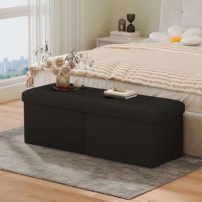 JIUYOTREE 31.5 Inches Ottoman with Storage Bench, Foldable Footstool, Ottoman Foot Rest, End of Bed Bench, Multi-Functional Seat, Storage Chest for Living Room, Bedroom, Entryway (Black)