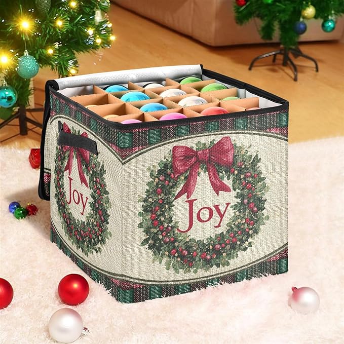 Jingle Bells Christmas Ornament Storage Basket Box Red Green Buffalo Plaid Holiday Storage Container Cube with Adjustable Dividers for 64 Holiday Ornaments or Decorations Keeps Clean and Dry
