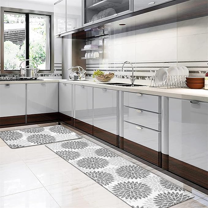 HEBE Anti Fatigue Kitchen Rugs Sets of 2, Non Slip Kitchen Mats for Floor, Waterproof Cushioned Comfort Standing Carpet for Kitchen Sink, Home Office, Laundry Room, Gray