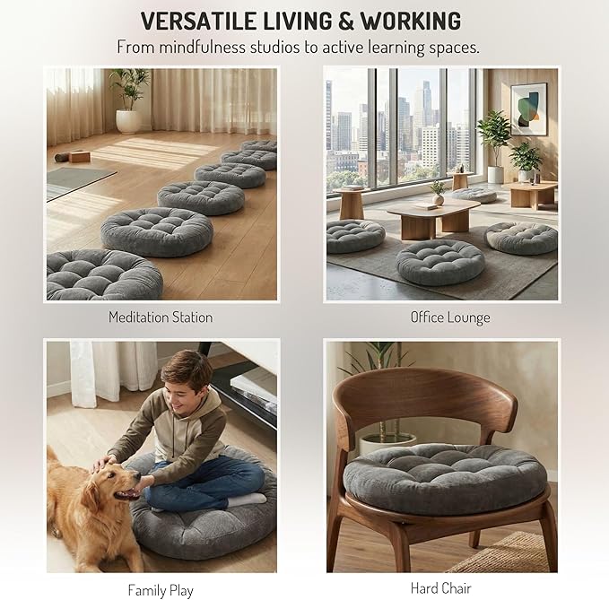 Degrees of Comfort Meditation Floor Pillow, Round Large Pillows Seating for Adults, Tufted Corduroy Cushion for Tatami Living Room, Grey, 22 Inch