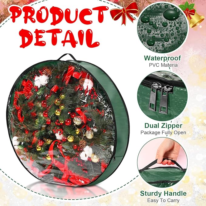 Aliceset 4 Pack Wreath Storage Containers, Ornament Garland Wreath Storage Bags with Handle Zipper Decorative Storages Box for Winter Valentine Wreaths(36 x 36 x 7.8 Inch,Green)