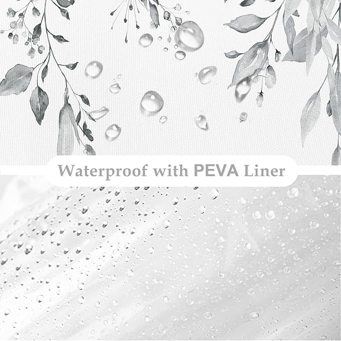 Gibelle 3 in 1 Shower Curtain Set, 72x72 Grey Eucalyptus Bath Curtain and PEVA Liner Set with 12 Metal Hooks, Waterproof Fabric Bathroom Curtain