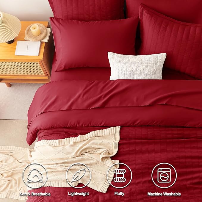 CozyLux Queen Comforter Set Dark Red Seersucker 7 Pieces Bed in a Bag Queen Comforter Set with Sheets, Luxury Soft Bedding Sets with Down Alternative Comforter, Sheets, Pillowcases & Shams All Seasons