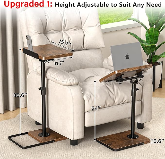 TV Tray Table for Couch, Height Adjustable/360° Swivel/180° Flip-Over Panel Design C-Shaped End Table, Sofa Arm End Side Table with Phone & Tablet Slot for Eating, Laptop,Couch Bed (Vintage Brown)