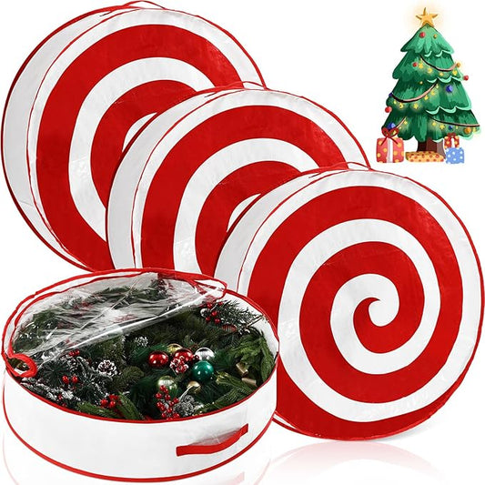 4 Pcs 24 Inch Christmas Wreath Storage Bag Candy Cane Wreath Storage Container Clear Window Dual Zipper Handle Red White Peppermint Garland Organizer for Holiday Decoration, Classic Lollipop
