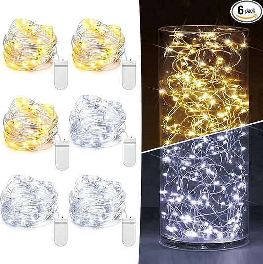 6 Pack Fairy Lights Battery Operated 7ft 20 LED Mini String Lights Twinkle Lights Silver Wire Firefly Starry Lights for Mason Jars Wedding Party Christmas Centerpiece Decor, Warm White & Cool Whtie