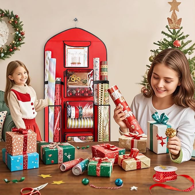 Woodoulogy Hanging Gift Wrapping Paper Storage, 48x24 (Extra Large) Red Double-Sided Christmas Wrapper Bag Container, Oxford Long Craft Roll Organizer, Present Wrap Holder for Closet, Door