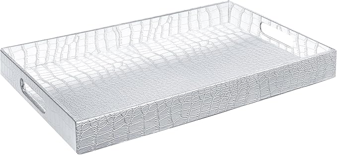 Home Redefined 17.5"x12" Silver Glossy Crocodile Faux Leather Serving Tray Beautiful Modern Elegant Decorative Tray with Handles Ottoman Coffee Table Ottoman Perfume Makeup Display for All Occasion's