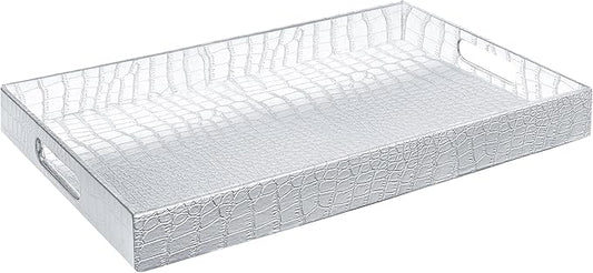 Home Redefined 17.5"x12" Silver Glossy Crocodile Faux Leather Serving Tray Beautiful Modern Elegant Decorative Tray with Handles Ottoman Coffee Table Ottoman Perfume Makeup Display for All Occasion's
