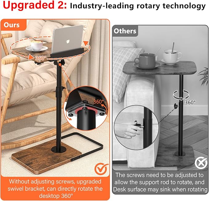 TV Tray Table for Couch, Height Adjustable/360° Swivel/180° Flip-Over Panel Design C-Shaped End Table, Sofa Arm End Side Table with Phone & Tablet Slot for Eating, Laptop,Couch Bed (Vintage Brown)