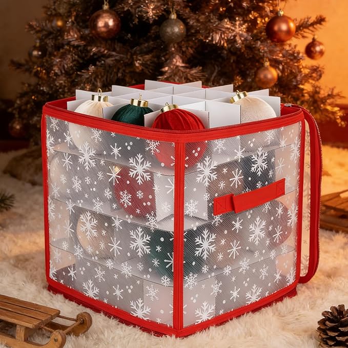 Foldable Ornament Storage Box - 615g Large Capacity Zippered Container, Christmas Ball Storage Bin with Handle, Holiday Decoration Organizer | Under Bed Cabinet Shelf Home Dorm Apartment