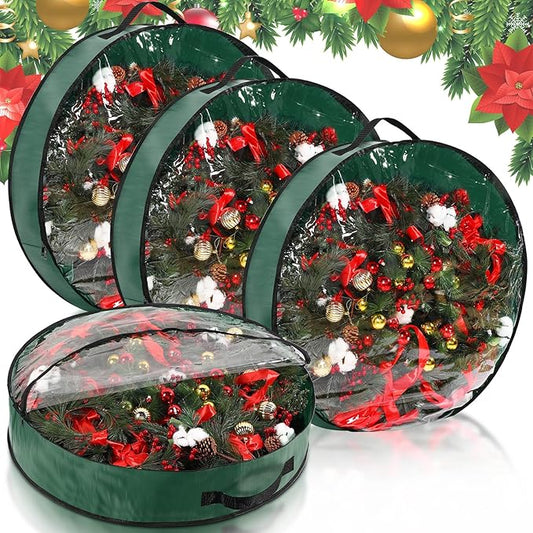 Aliceset 4 Pack Wreath Storage Containers, Ornament Garland Wreath Storage Bags with Handle Zipper Decorative Storages Box for Winter Valentine Wreaths(30 x 30 x 7.8 Inch,Green)