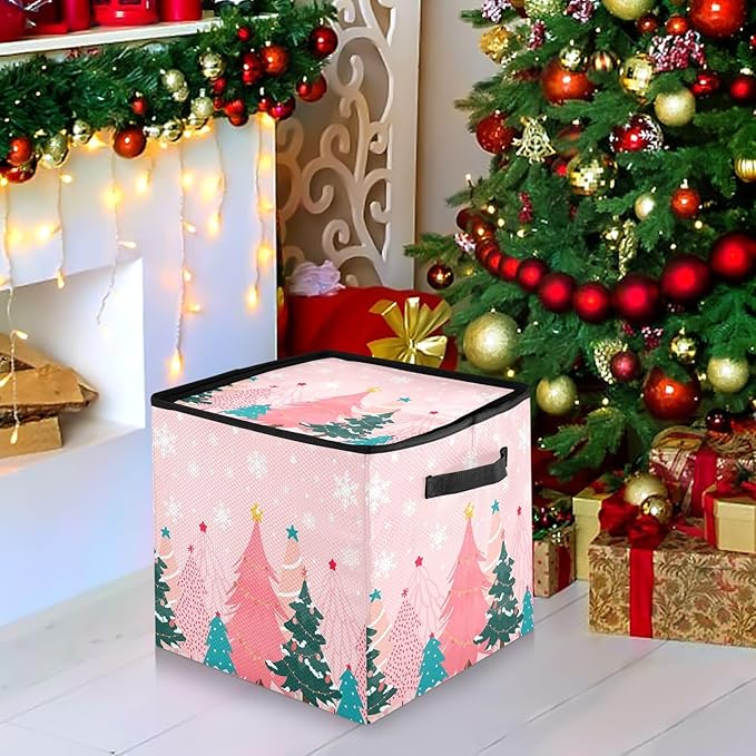 Pink Christmas Tree Ornament Storage Basket Box Winter Snowflake Xmas Holiday Storage Container Cube with Adjustable Dividers for 64 Holiday Ornaments or Decorations Keep Clean and Dry for Next Season