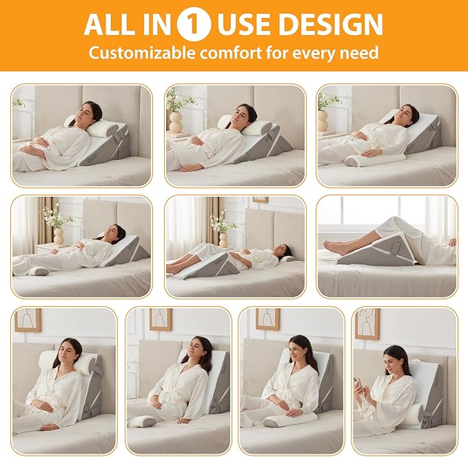Ruqmuis 3PCS Wedge Pillow Set for After Surgery, Adjustable 9&12 Inch Bed Wedge Pillow for Sleeping, Incline Pillow Wedge for Headboard, Post Surgery, Acid Reflux, Neck&Back Support, White/Grey