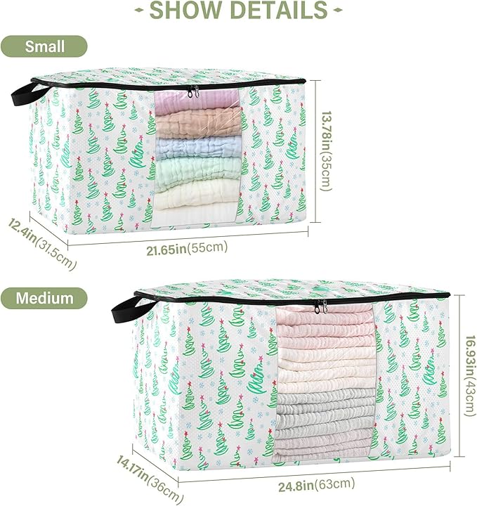 Burbuja Christmas Tree Clothes Storage Bag with Lids and Handle, 2 Pack Foldable Blanket Storage Container with Sturdy Zipper & Clear Window for Bedroom Closet, 60L