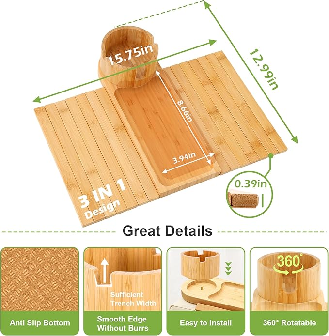 Couch Cup Holder,Bamboo Couch Arm Tray with 360° Rotating Cup Holder,Foldable Anti-Slip Sofa Arm Chair Tray for Eating Snack Drink Side Table