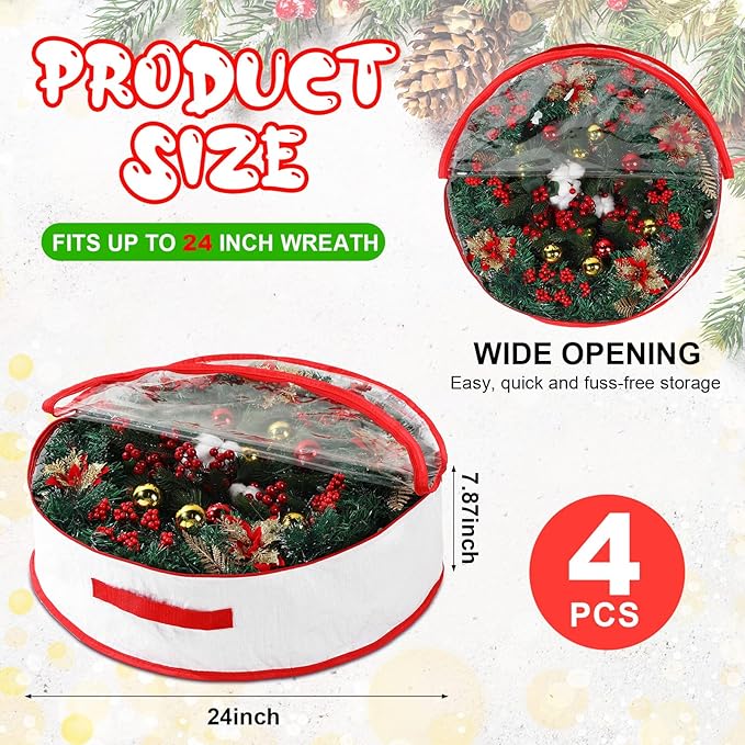 Aliceset 4 Pack Wreath Storage Containers, Ornament Garland Wreath Storage Bags with Handle Zipper Decorative Storages Box for Winter Valentine Wreaths(24 x 24 x 7.8 Inch,White)