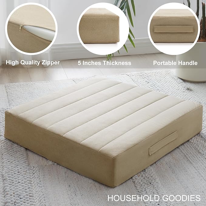 JKMAX 22 inches Floor Pillow for Adults - Large Meditation Cushion with Thick Foam & Soft Tufted Cover - Premium Outdoor Square Floor Cushion Seat - Yoga Pillows for Sitting On Floor - Khaki