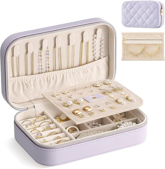 Lolalet Travel Jewelry Case for Women Girls, PU Leather Jewelry Organizer with Clear Storage Bag Small Portable Jewelry Box for Necklace Bracelet Earring Ring Mothers Day Birthday Gifts -Medium/Purple