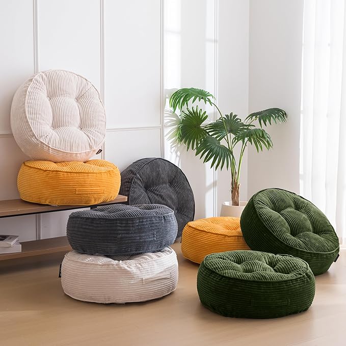 HIGOGOGO 8" Extra Thick Floor Pillow Cushion for Adults, Meditation Cushion Pillow, Large Round Floor Sitting, Tufted Corduroy Cover, for Tatami Living Room or Yoga, 22x22 Inch, Dark Green