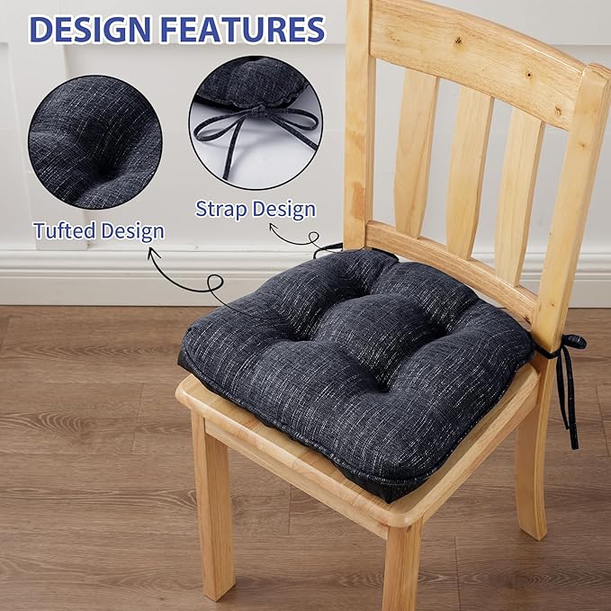 IPYNBAP Chair Cushions for Dining Chairs Set of 2, Kitchen Chair Cushions, Chair Pads with Ties and Non Slip Backing, Tufted Memory Foam Seat Cushion 2 Pack, 15.5" x 15.5" x 4", Navy Blue