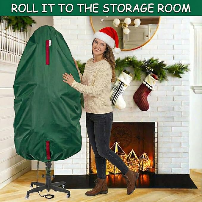 Upright Christmas Tree Storage Bag - Fits 7 Ft Artificial Xmas & Topiary Tree, Vertical Holiday Cover, Durable, Dustproof & Easy-Use Xmas Storage, Green