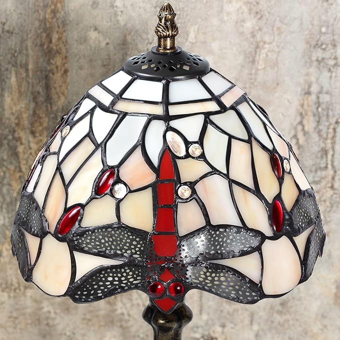 MIAOKE Stained Glass Table Lamp,Stained Glass Crystal Bead Style Table Light,Handmade Desk Bedside Night Light,Antique Art Craft Gifts Living Room Bedroom Bookcase(Pale White Dragonfly)