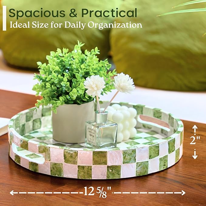 CHI AN HOME 12.6" Capiz Decorative Tray with Handles, Checkered Round Serving Tray for Coffee Table, Kitchen Counter, or Bathroom (Pistachio Green)