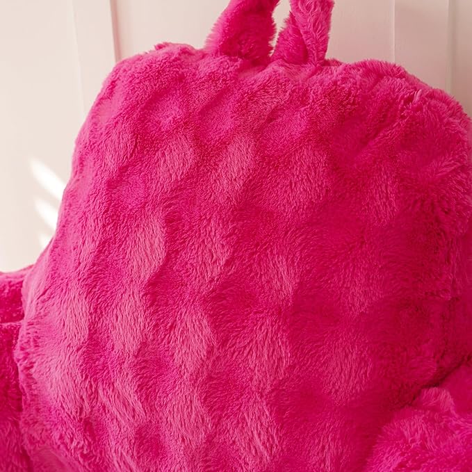 Yaoshuho Faux Fur Reading Pillow for Sitting in Bed, Large Backrest Bed Pillow with Arms, Back Support Pillow for Lounging Bedrest, Hot Pink