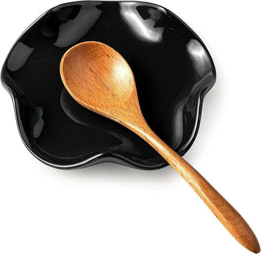 Miamolo Spoon Rest for Kitchen Counter, 5.3" Ceramic Spoon Holder for Stove Top, Heat Resistant & Dishwasher Safe Cute Spoon Rests Spatula Holder for Multiple Utensils, Farmhouse Kitchen Decor Black