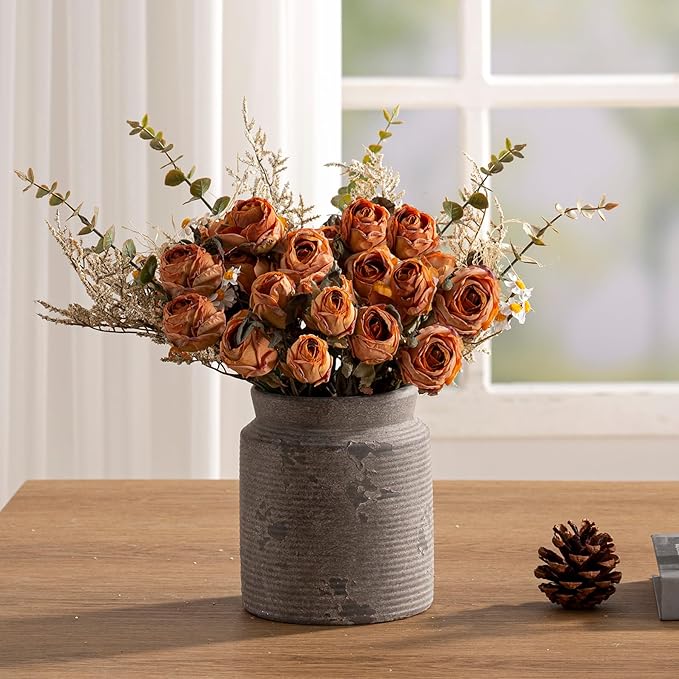 Ceramic Flower Vase 6.5 inch Farmhouse Rustic Vase for Home Decor Handcrafted Pottery Vase Small Terracotta Vases for Dining Table Fireplace Living Room Bathroom Wedding Centerpiece (S-Dark Gray)