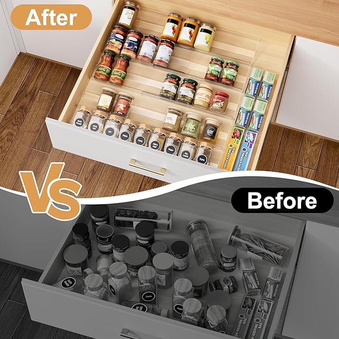 10-Pack Adjustable Spice Drawer Organizer, Expandable Seasoning Rack Tray (13" to 26"), Acrylic Spice Drawers Insert with Anti-Slip Mat, for Kitchen Cabinet (Jars not included)