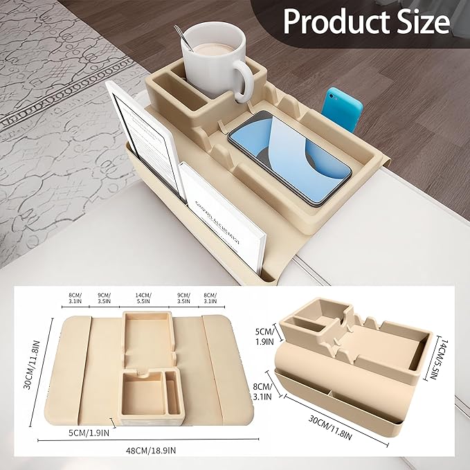 Couch Arm Cup Holder - Silicone Sofa Armrest Tray with 5 Side Pockets, Anti-Slip Armrest Recliner Armchair Caddy, Sofa Table Organizer for Drinks Tablet Remote Snacks Cellphone Cup (Apricot)