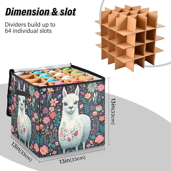 Kigai Alpaca Christmas Ornament Storage Box with Zipper & Adjustable Dividers Holiday Ornament Organizer Xmas Storage Container, 64 Balls
