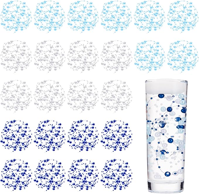 Tondiamo 24 Pcs Artificial Pearl String for Floating Candle Faux Pearls Beads String Garland Centerpiece Decoration for Vases Filler Wedding Spring Holiday Party Decor(Blue, Light Blue, White)
