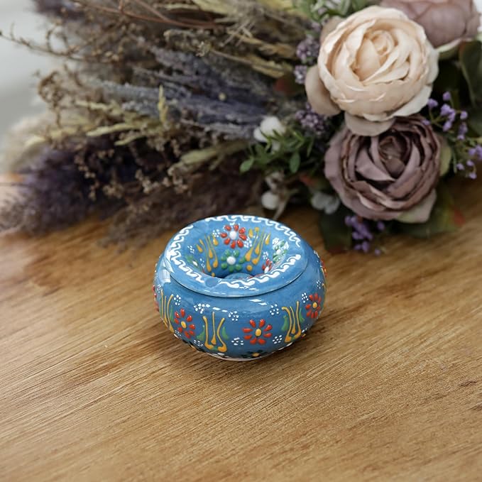 Decorative Ceramic Jar-Colorful Decorative Jar with Lid-Handmade Small Decorative Jar-Windproof Unique Jars-Turkish Home Decor (Light Blue)