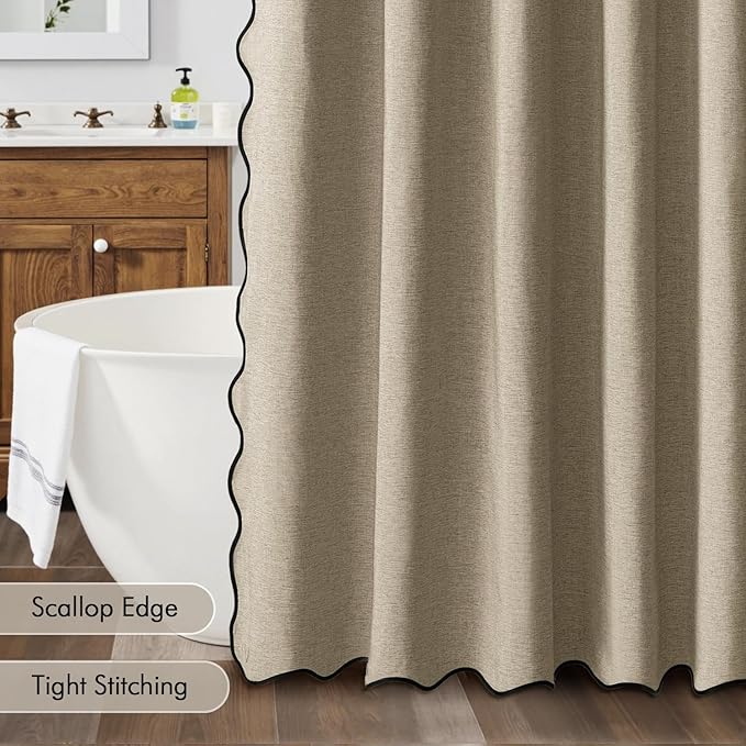 MIULEE 84" Long Scalloped Shower Curtain Linen Textured with 12 Metal Hooks Cute Extra Long Heavy Duty Washable Waterproof Cloth Shower Curtains with Black Border for Bathroom Hotel Bathtub,Khaki