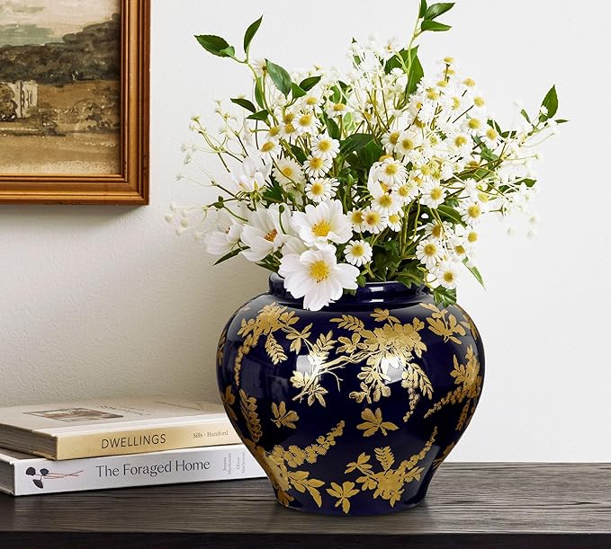 Hollyone Blue and Gold Vase Porcelain Vases 7inch Chinoiserie Vase Classic Ceramic Chinese Floral Vases for Bedroom Living Room Console Table Accent Shelf Tabletop Home Decor
