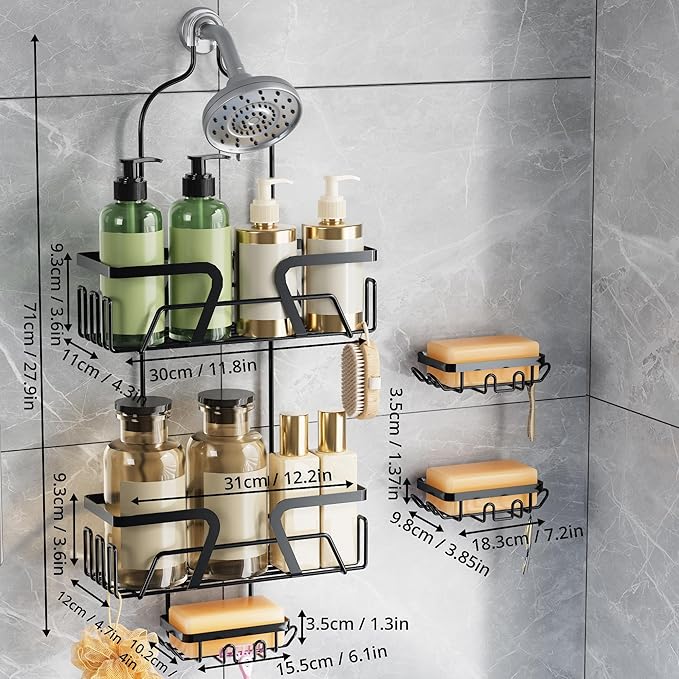DAOYA Shower Caddy Hanging with 3 Soap Holder - Over the Shower Head Caddy for Bathroom Organization(for Bathroom Organization, 24 Side Hooks, 3 Razor Holder
