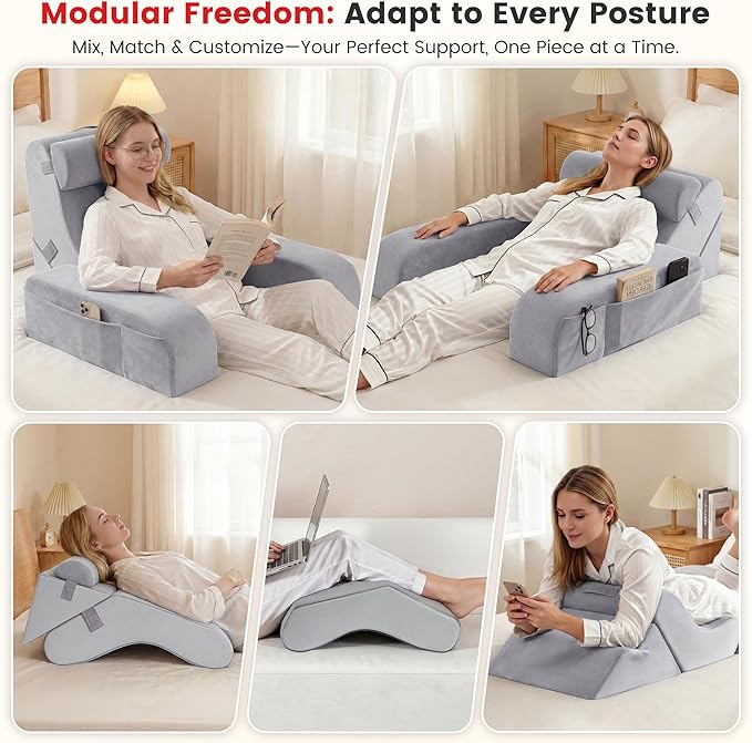 Homkdom Reading Pillow for Sitting in Bed Adult, 22" Back Pillow for Bed Sitting up with Armrests & Storage Pockets, Ergonomic Wedge Pillow for Watching TV, Gaming, Working, Recovery, 5PCS, Light Grey