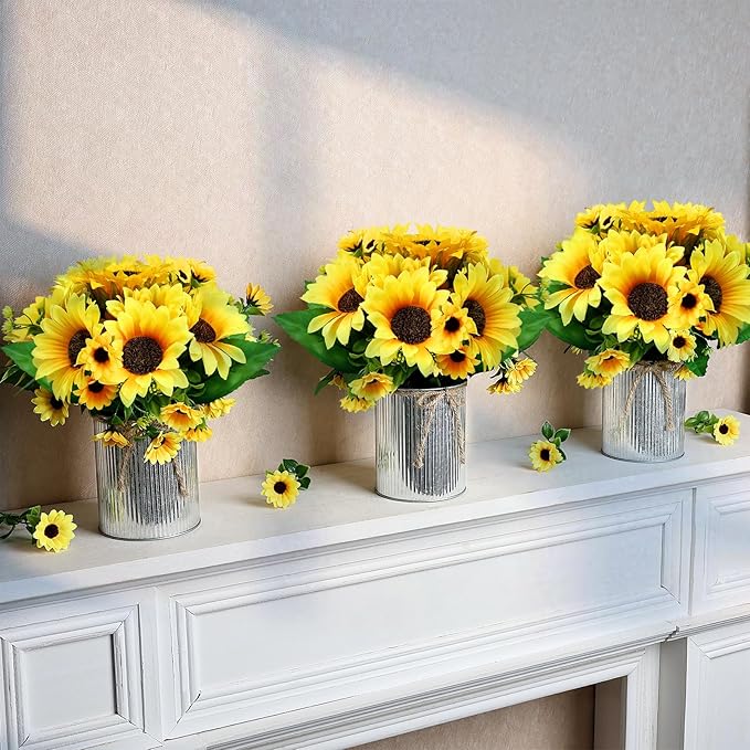 Artificial Sunflower Table Centerpieces - Set of 6 Faux Spring Summer Sunflowers Arrangements with Rustic Metal Vase for Kitchen Office Bathroom Home Farmhouse Wedding Party Decorations