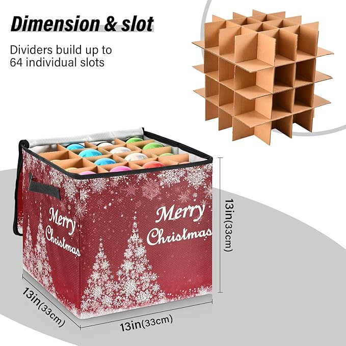 Christmas Tree Ornament Storage Basket Box Red Snowflake Winter Xmas Holiday Storage Container Cube with Adjustable Dividers for 64 Holiday Ornaments or Decorations Keeps Clean and Dry for Next Season