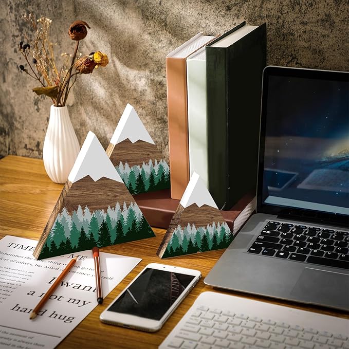 Maitys 3 Pcs 3 Size Mountain Shelf Decor Mountain Wooden Sign Farmhouse Wood Forest Sign Woodland Nursery Decor Travel Adventure Table Centerpiece for Home Farmhouse(Green)