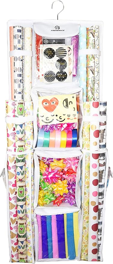 Freegrace Double-Sided Hanging Gift Wrap Organizer - Large 16 x 41 Inch Wrapping Paper Storage Bag - Tearproof 600D Oxford Closet Gift Bag & Ribbon Organization Storage Caddy, White