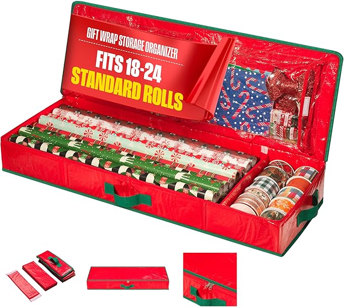 Handy Laundry Gift Wrap Storage Organizer, Easily organize Wrapping Paper, Ribbons, Bows, Scissors, Fits 18-24 Standard Rolls, Keeps Gift Supplies in Perfect Condition & Ready for Next Season, (Red)
