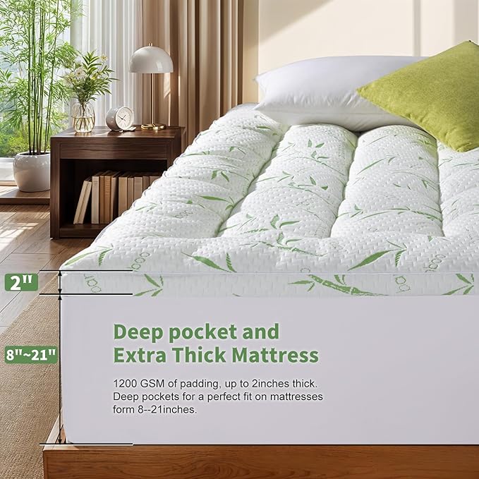 3 Inch Mattress Topper Queen Size, 1500GSM Down Alternative Fill, Viscose, Cooling Extra Firm Pillow Top, for Back Pain, 6"-18" Deep Pocket, 60" x80 (Sage Green, Queen)